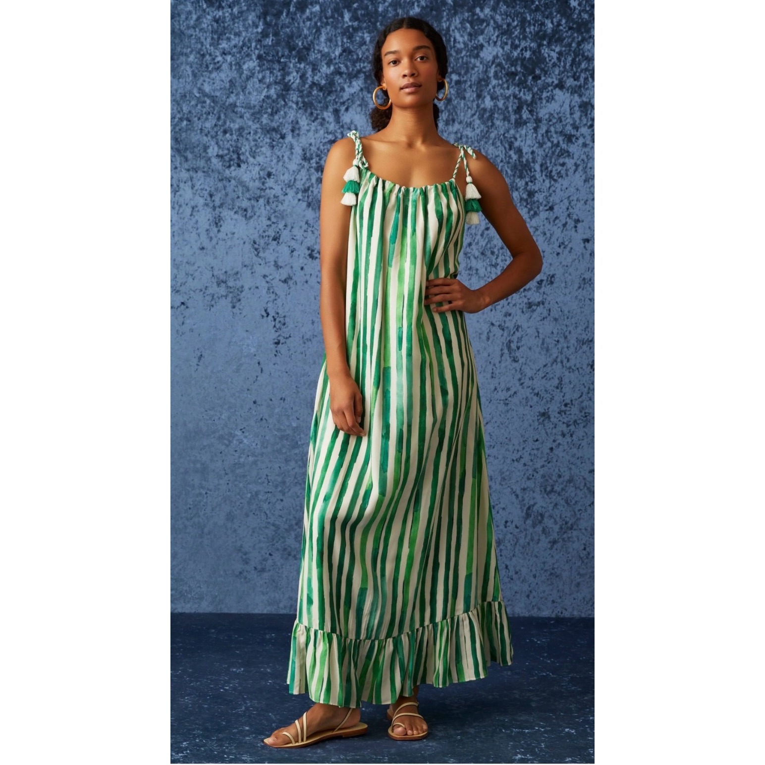 Marie Oliver Yulia Green White Striped Silk Blend Tassel Maxi Dress Womens